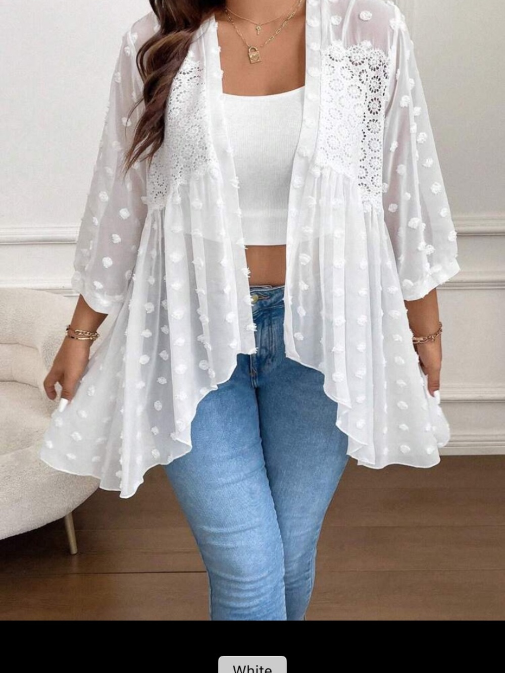 SHEIN White Swiss Dot Crochet Kimono Cardigan